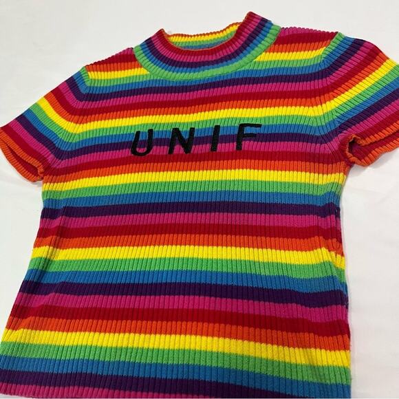 Unif Over the Rainbow Ribbed Logo Streetwear Colorful Mock Neck Crop Top Size XS - Picture 2 of 7